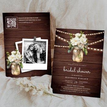 white magnolia floral wood qr code bridal shower invitation