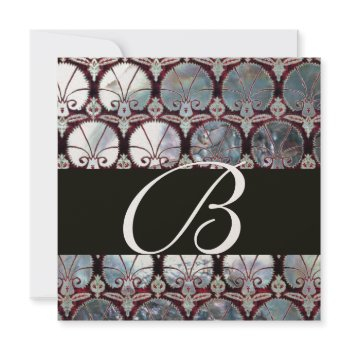 white  mother of pearl damask carnations monogram invitation