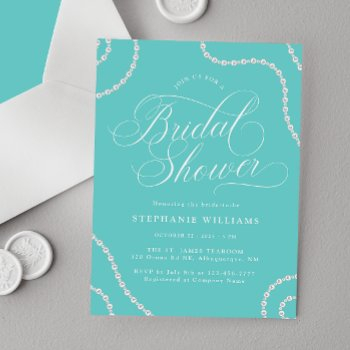 white pearls turquoise bridal shower invitation