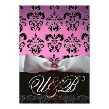 White Ribbon Pink Lilac   Black Damask Monogram Invitation Front View