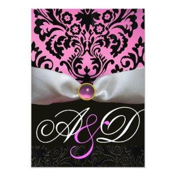 White Ribbon Pink Lilac  Black  Damask Monogram Invitation Front View