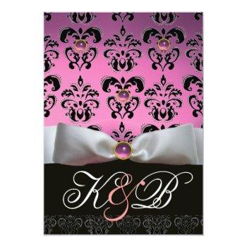 White Ribbon Pink Lilac   Black Damask Monogram Invitation Front View