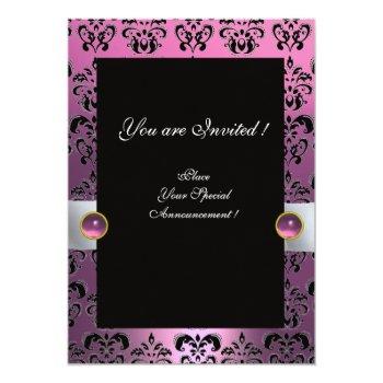 White Ribbon Pink Lilac   Black Damask Monogram Invitation Front View