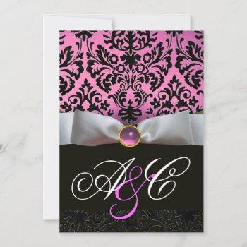 white ribbon pink lilac  black  damask monogram invitation