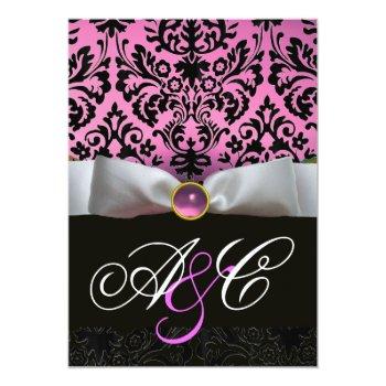 White Ribbon Pink Lilac  Black  Damask Monogram Invitation Front View