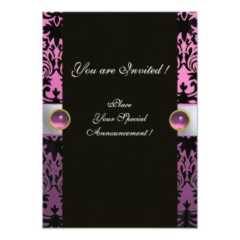 White Ribbon Pink Lilac  Black  Damask Monogram Invitation Front View