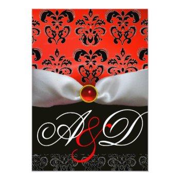 White Ribbon Red Black  Damask Monogram Ruby Invitation Front View