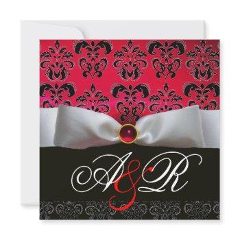 white ribbon red burgundy black  damask monogram invitation