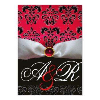 White Ribbon Red Burgundy Black  Damask Monogram Invitation Front View