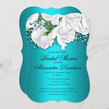 white rose bridal bouquet aqua bridal shower invitation