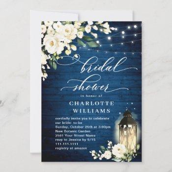 white roses blue wood lantern bridal shower invitation