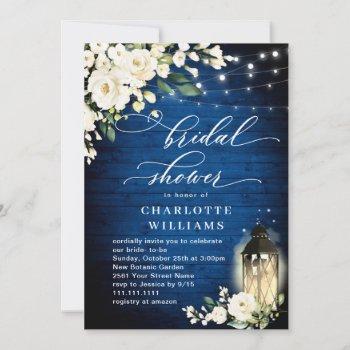 white roses royal blue wood lantern bridal shower invitation