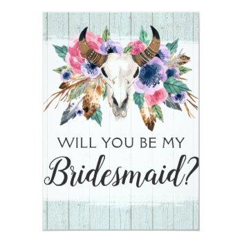 Will You Be My Bridesmaid Rustic Floral Skull Card Front View