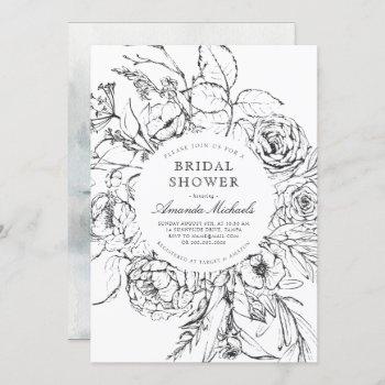 winter black white minimalist floral bridal shower invitation