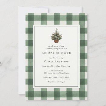 winter evergreen tree green plaid bridal shower invitation