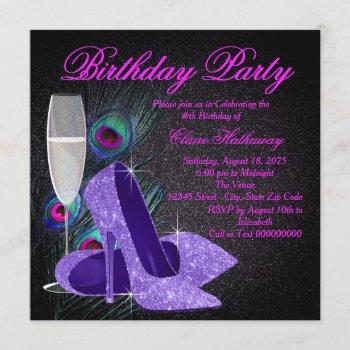 womans purple peacock birthday party invitation