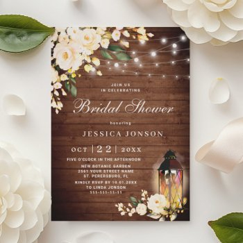 wood blush roses lantern watercolor bridal shower invitation