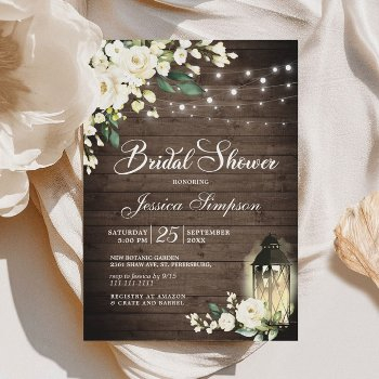 wood & white roses lantern bridal shower invitation