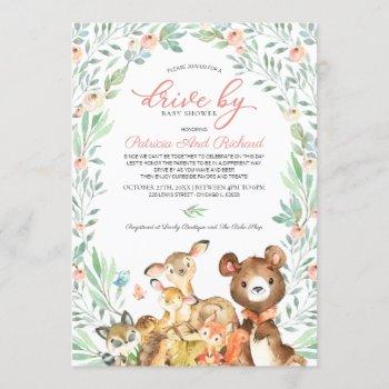 woodland animals greenery drive by baby shower invitation