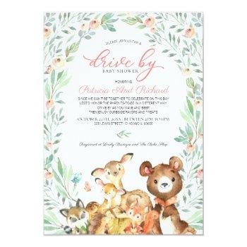 Woodland Animals Greenery Drive By Baby Shower Invitation Front View