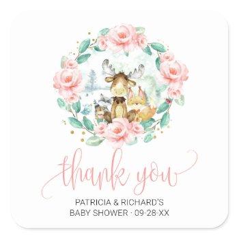 woodland floral greenery baby shower thank you square sticker