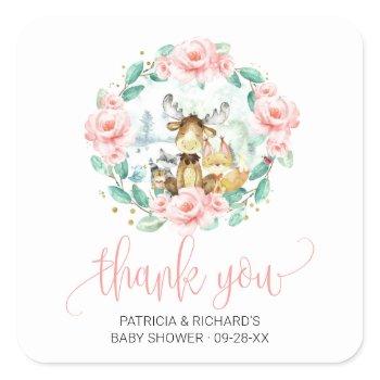 woodland floral greenery baby shower thank you square sticker