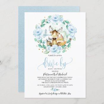 woodland floral greenery drive by baby shower invitation