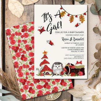 woodland hedgehog mushrooms fall girl baby shower invitation