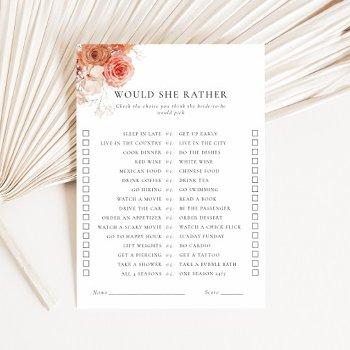 would she rather fall floral bridal shower game invitation