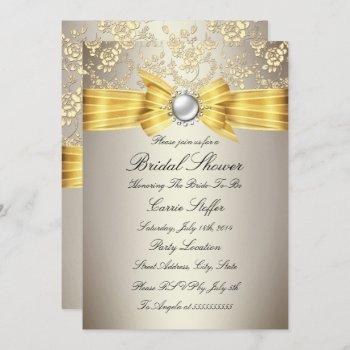 yellow bow beige rose bridal shower invitation