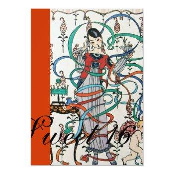 Young Girl,colorful Ribbons Sweet 16 Party Orange Invitation Front View